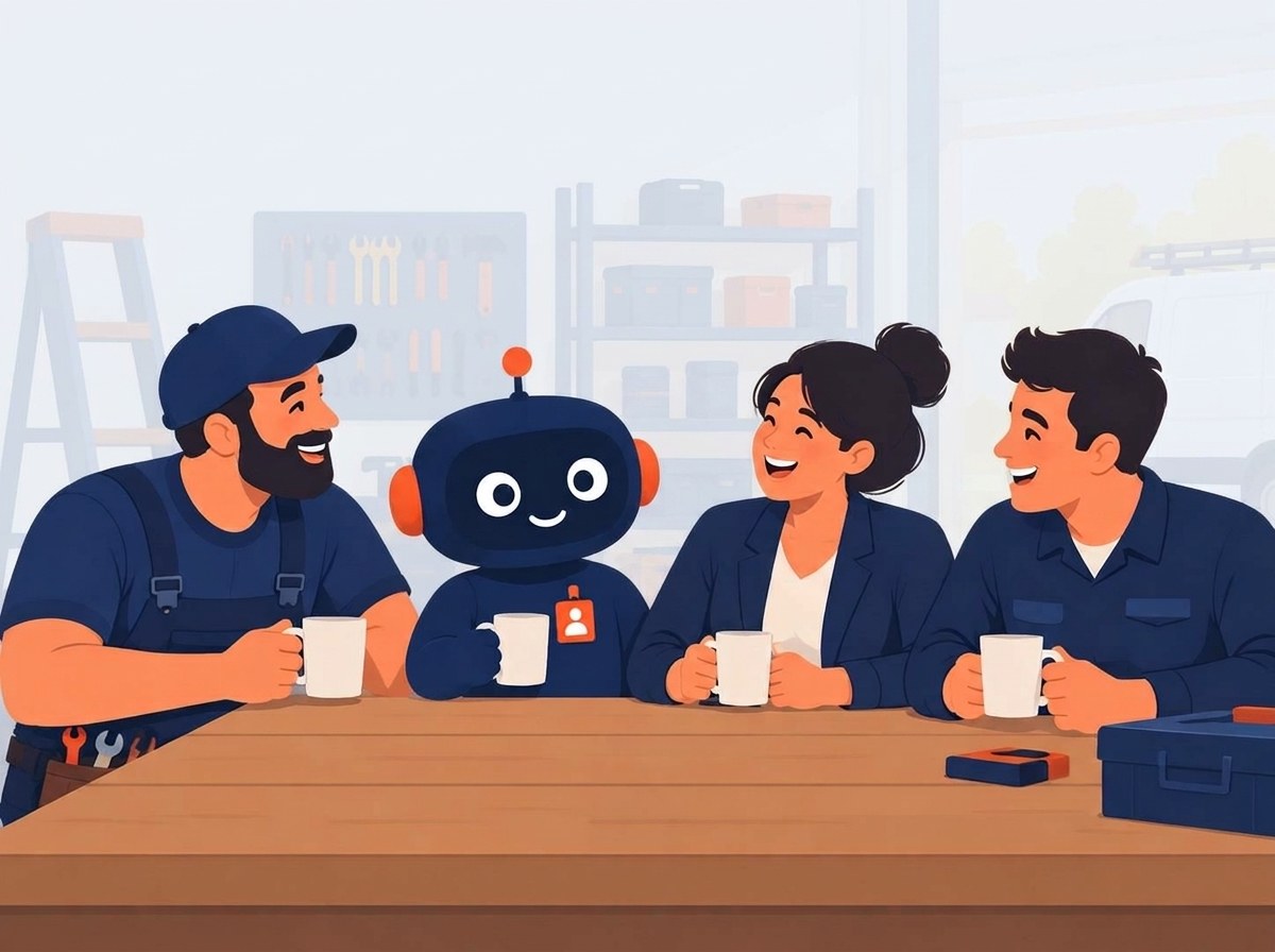 A plumber, an office manager and a technician laughing over coffee in their workshop, with the Caplexer agent sitting among them as part of the team
